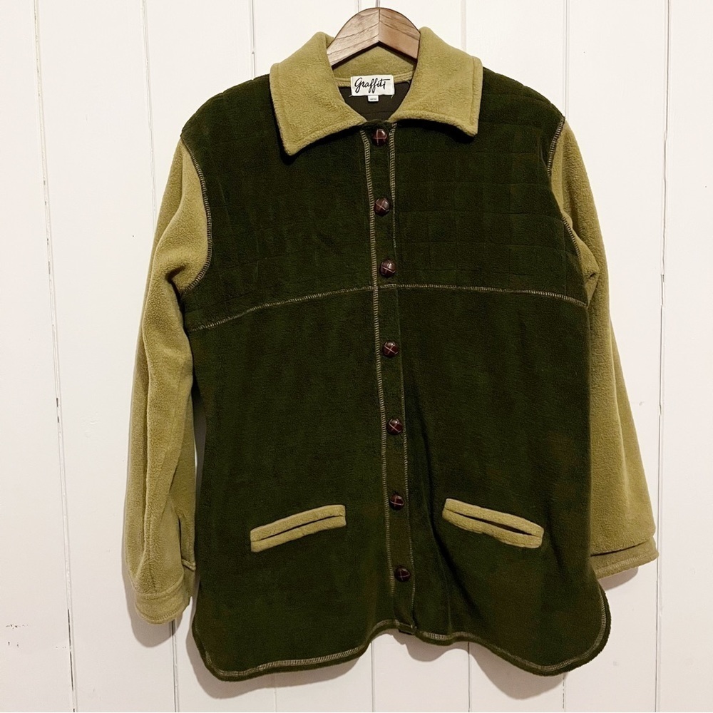 Graffiti Vintage Green Button Down Fleece Sweater. Size Medium.